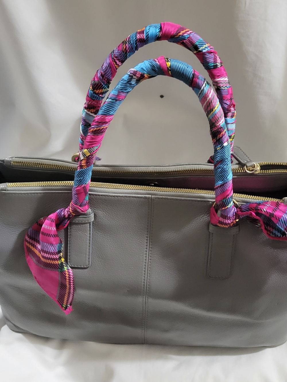 Franklin Cocey Gray Leather Tote Bag with Pink & Blue Scarf-Wrapped Handles